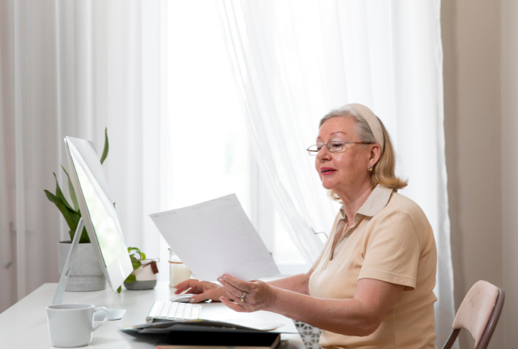 Chinese senior woman checking pension documents